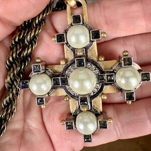 CAbi Gold Tone Cross Necklace with Ivory Pearl Cabochons and Black Accents